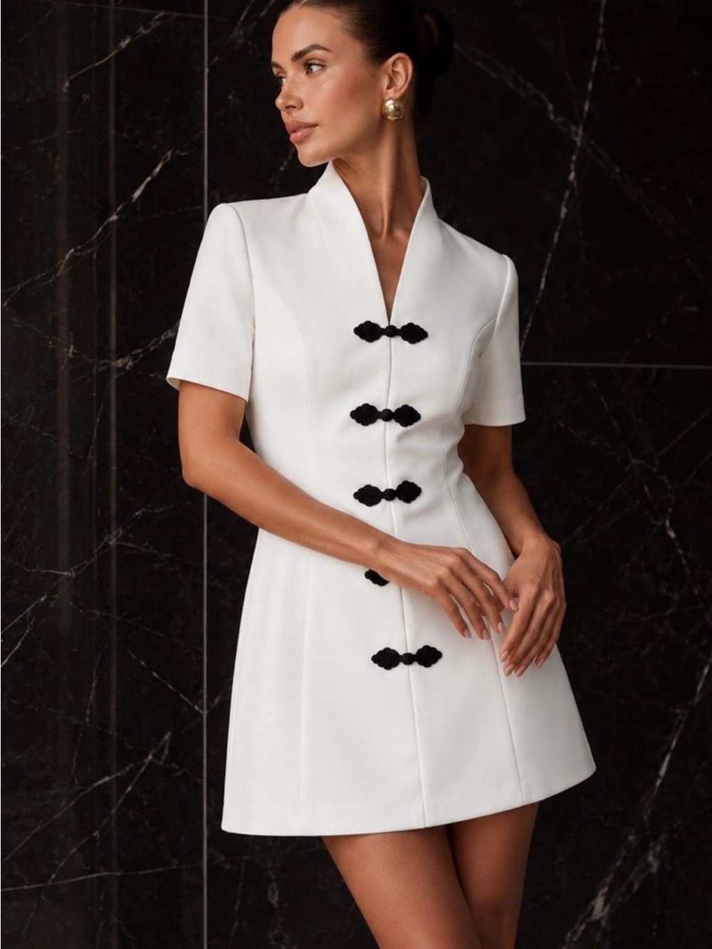 Commense Frog Button V Neck Mini Dress